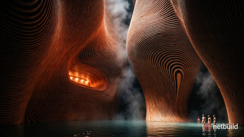 A monumental cavernous bathhouse interior features towering, undulating walls constructed entirely of rhythmic wooden slats. The massive organic forms...