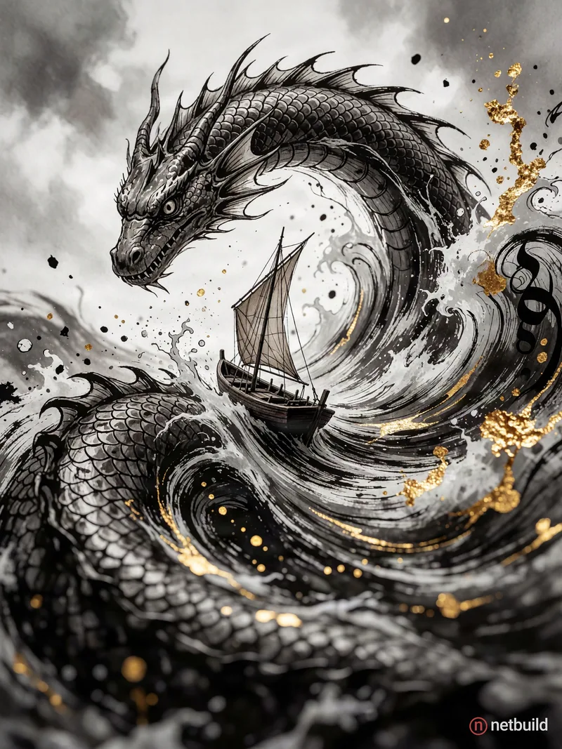 monochromatic ink and wash illustration, giant scaly sea serpent emerging from swirling turbulent waves, tiny wooden sailboat trapped in the center, i...
