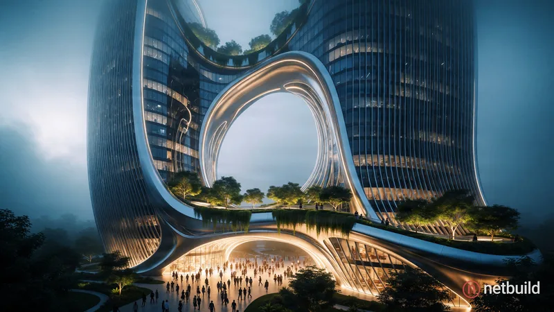 Low angle architectural rendering of futuristic twin skyscrapers connected by a sweeping curved arch. The buildings feature a vertical ribbed facade a...