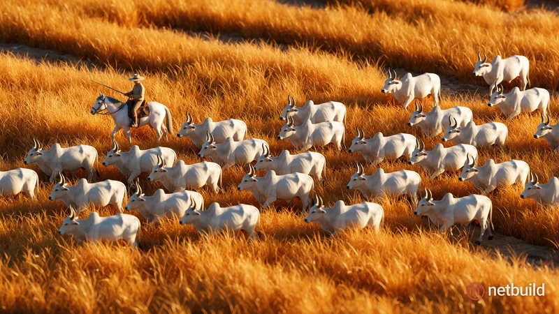 A vast herd of white zebu cattle with prominent humps and curved horns wading through a sea of tall, dry golden grass. A lone rider in a wide-brimmed...