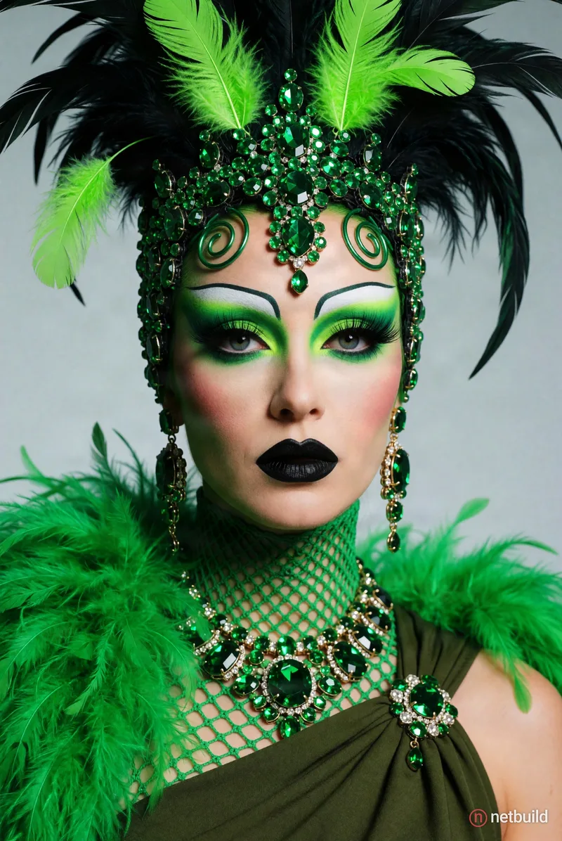 close-up high-fashion portrait of an avant-garde artist, striking theatrical makeup with neon green eyeshadow and stark black lipstick, exaggerated fa...
