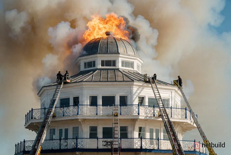 white seaside pavilion engulfed in flames, thick billowing smoke filling the sky, bright orange fire bursting from the roof dome, tall rescue ladders...