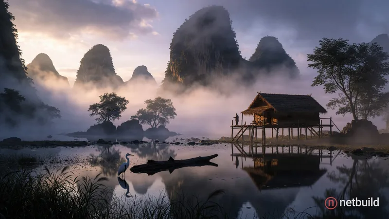 Panoramic cinematic concept art of towering karst mountains shrouded in dense low-hanging fog, reflecting perfectly in calm water. A rustic thatched-r...