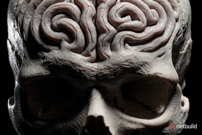 Highly detailed 3D render of a human skull, upper cranium featuring intricate swirling brain-like folds. Pale grey mummified flesh textures with subtl...