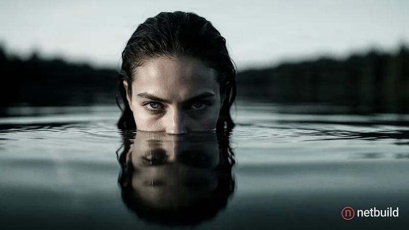 Cinematic close-up portrait of a woman submerged to her nose in dark, still water, staring intensely forward. Wet dark hair is slicked back, highlight...