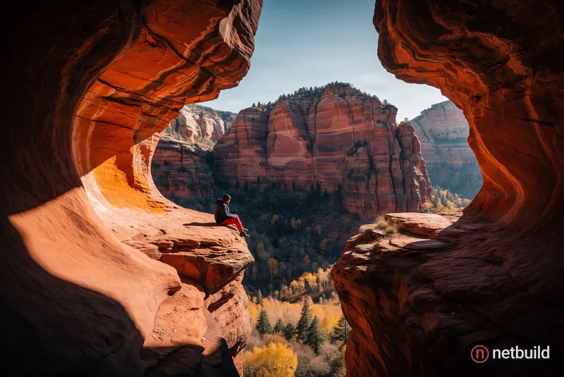 Wide-angle landscape photography from inside a red sandstone cave, the smooth undulating walls with deep shadows and vibrant orange highlights framing...