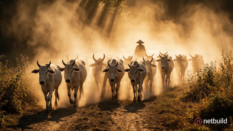 Cinematic wide shot of a herd of white cattle walking along a rustic dirt path, engulfed in thick, swirling golden dust. In the far distance, the dark...