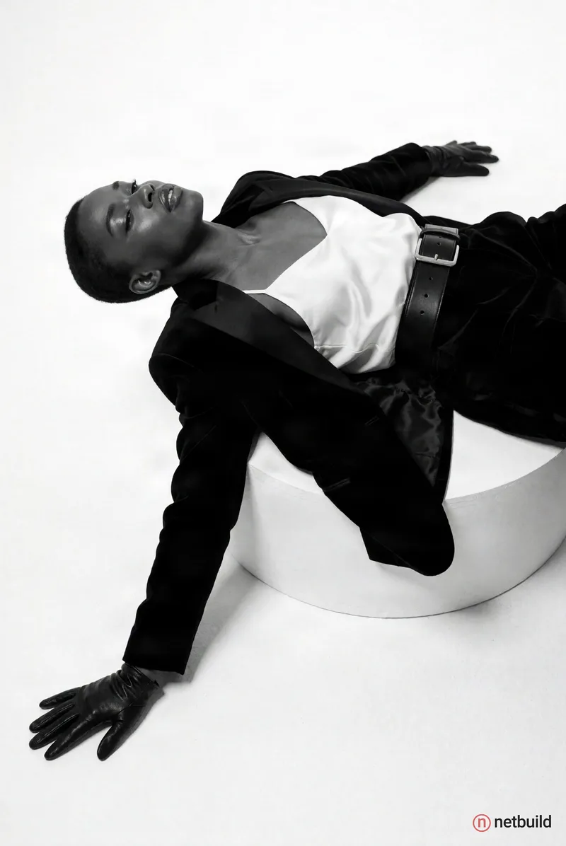 A muscular female model arches backward across a white cylindrical platform in a stark black and white fashion editorial. She wears an open dark velve...