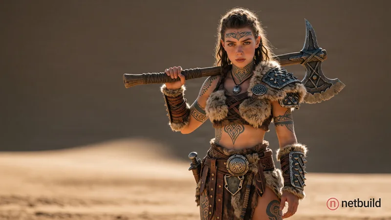 Full body shot of young beautiful European female barbarian woman warrior, muscular, belts and loincloth, tattooed skin, raised by tabaxi in the deser...
