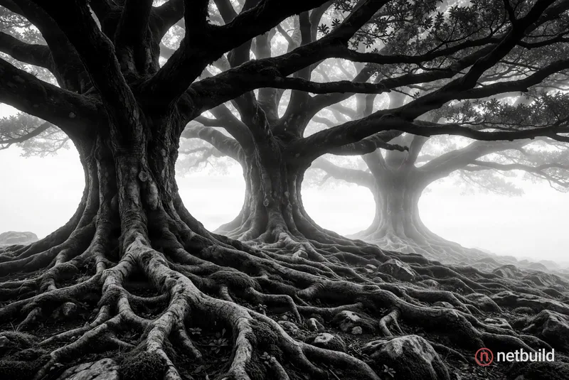 High-contrast black and white photograph of three massive, ancient trees with thick, gnarled trunks and sprawling …
