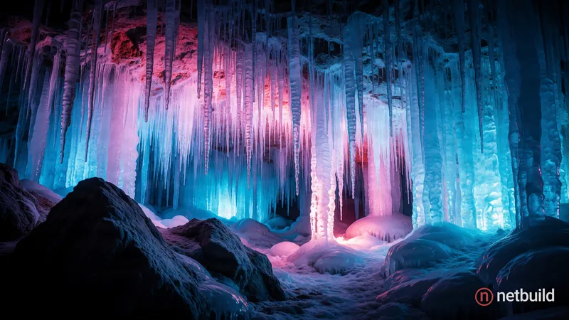 Dramatic interior of a crystalline ice cave, wide angle perspective. Thousands of sharp, densely packed icicles hang …