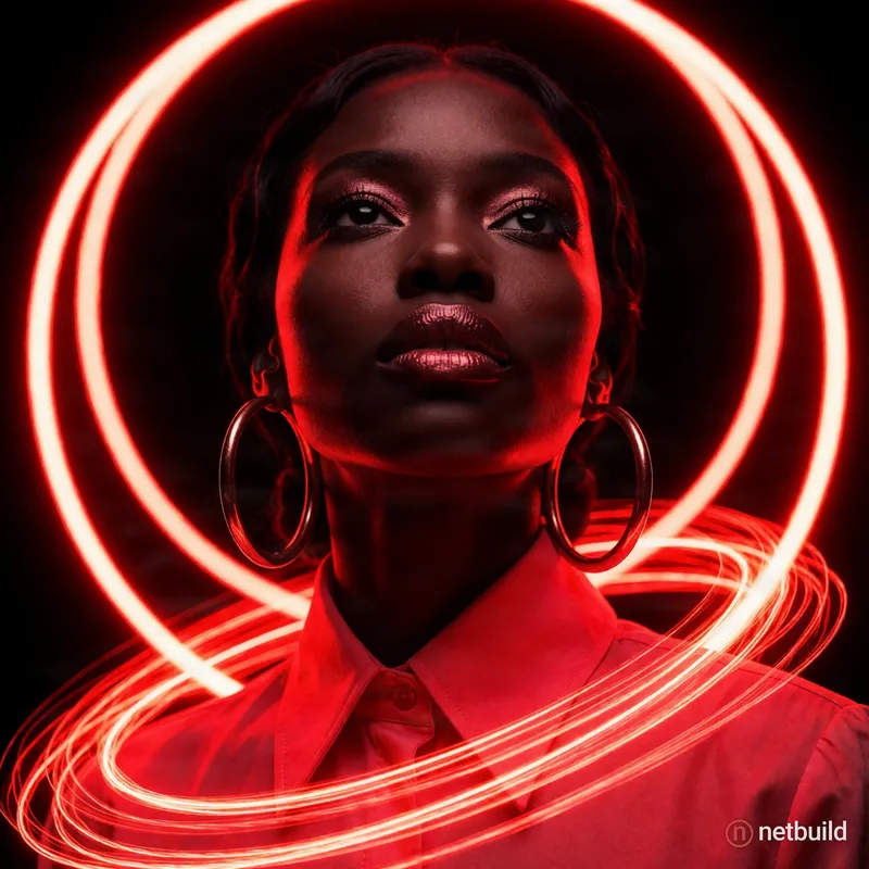 Hyper-realistic close-up portrait of a Black woman gazing upwards, drenched in intense monochromatic neon red …