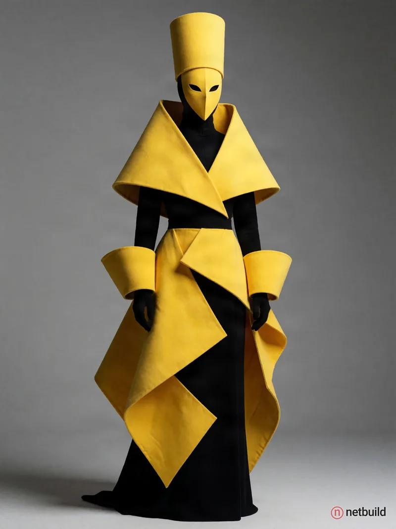 Full-length studio portrait of a figure in a geometric avant-garde costume against a seamless gray backdrop. Stiff, …