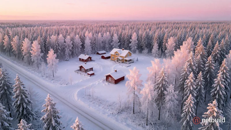 High-angle aerial shot of a secluded winter homestead in a vast boreal forest under a soft pastel pink gradient sky. A …