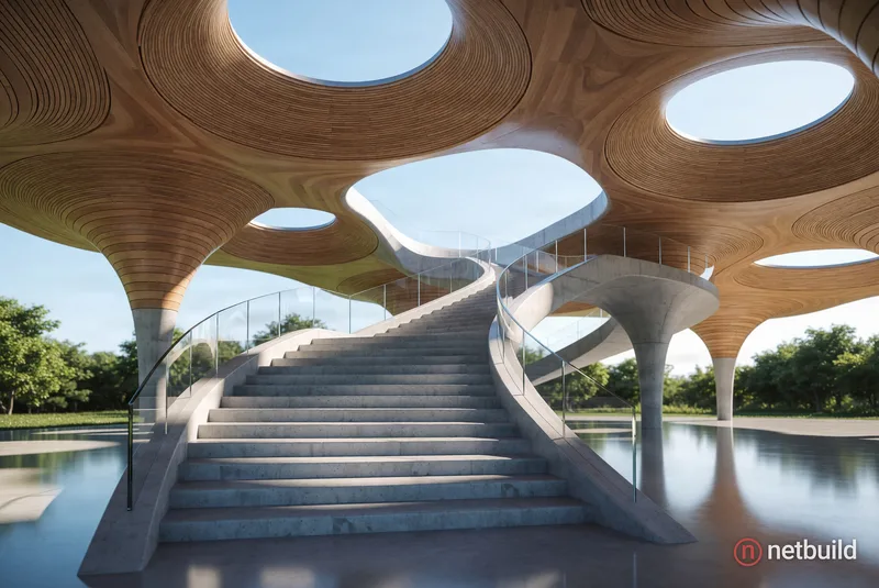 Photorealistic 3D architectural render of an open-air pavilion in organic modernism style. A low angle perspective …