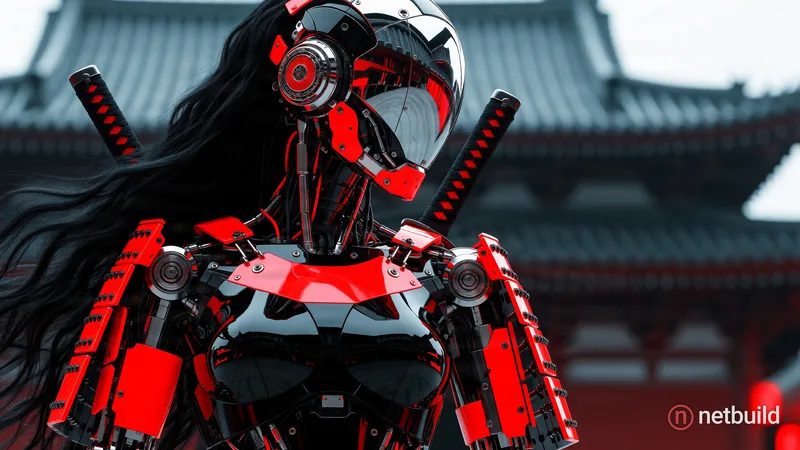 in the style of ck-sfc, female cyberpunk robot samurai, robot face with mirrored face shield, hyperdetailed helmet, flowing black hair, reflective bla...